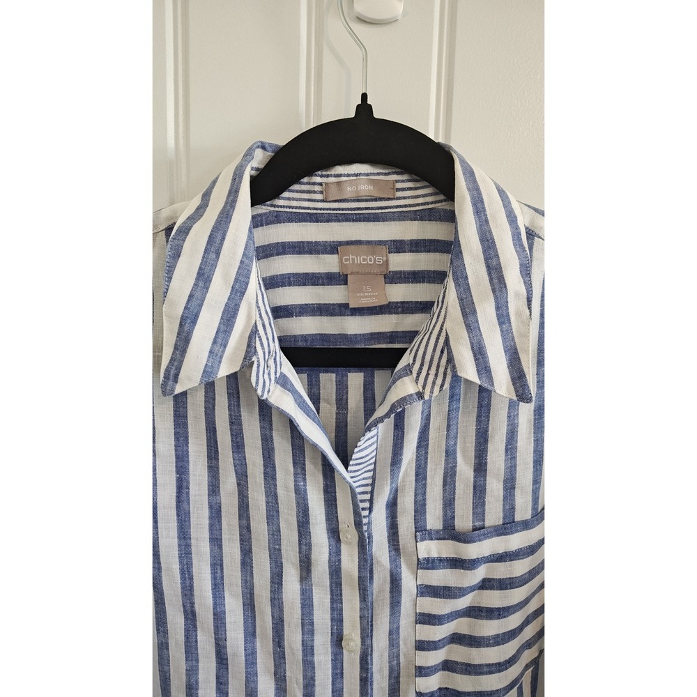 Women Size tag 1.5 US‎ 10 Chico's Blue White Striped Linen Button Down Shirt - Picture 9 of 16